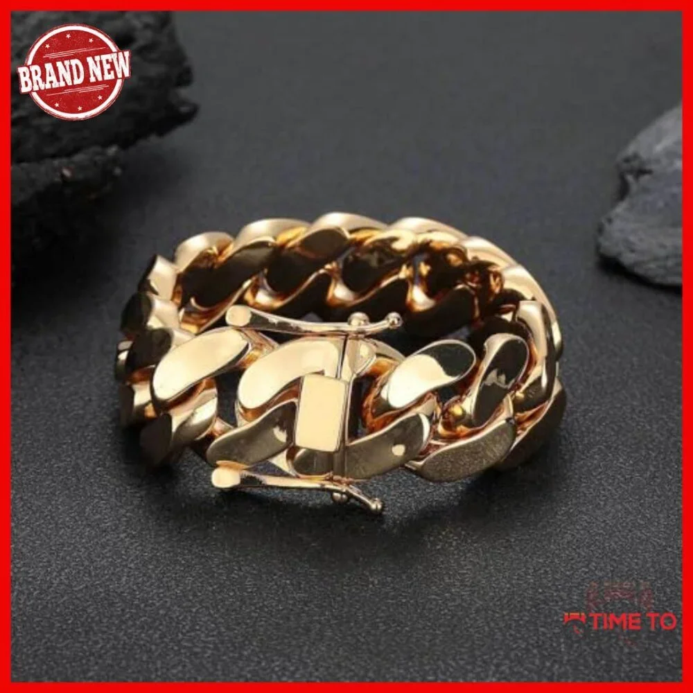 Men's 18K Gold Cuban Chain Bracelet 22mm Wide 9 Inch Heavy Weight